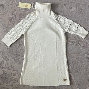 Ivory Turtleneck Knit Top with Eyelet Sleeves